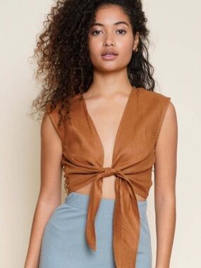 Whimsy + Row Tan Valentina Linen Top Front Tie Womens Size S
